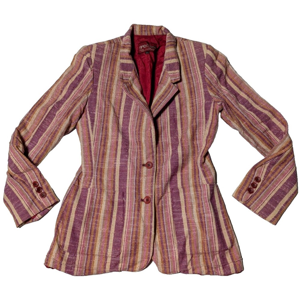 VTG SASSON Women 8/9 Burgundy Pink Striped Cotton Blend Button-Up Lined Blazer